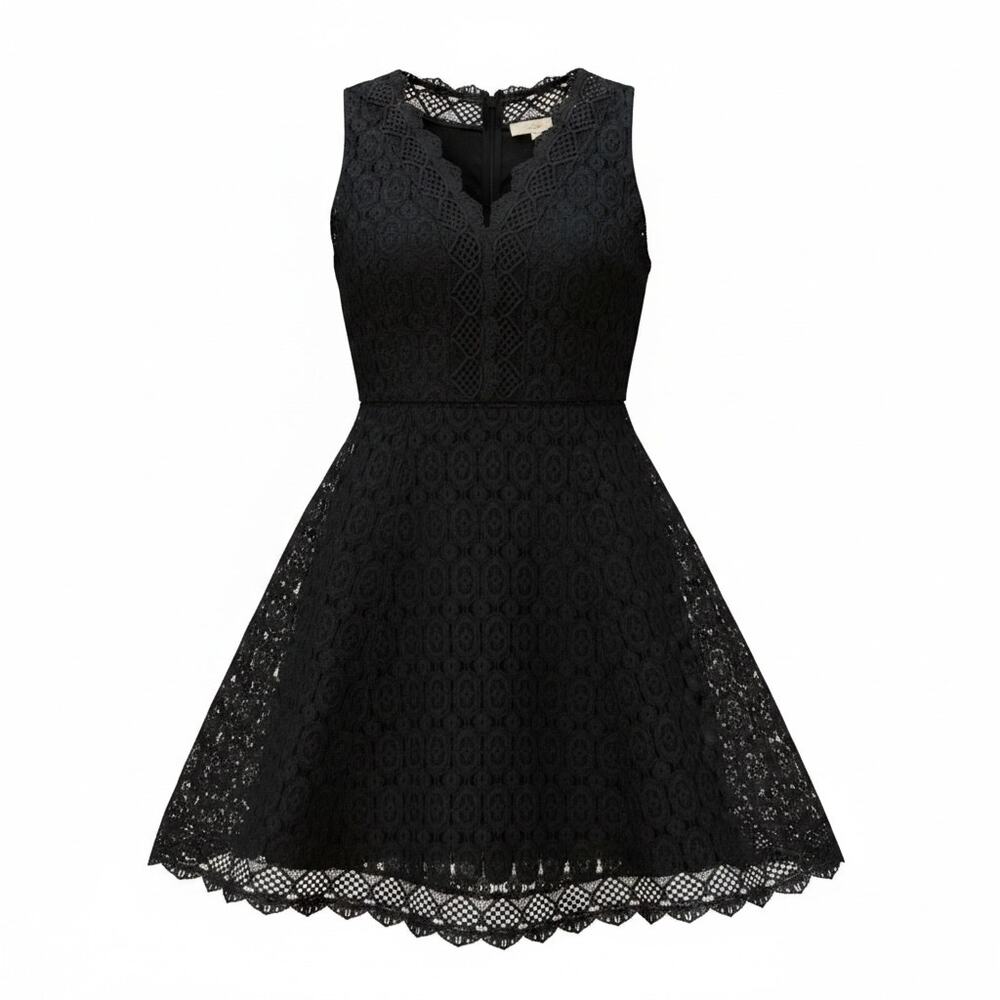 LOFT Black Lace Fit & Flare Dress | V-Neck | Scallop Hem | Crochet | Size 10